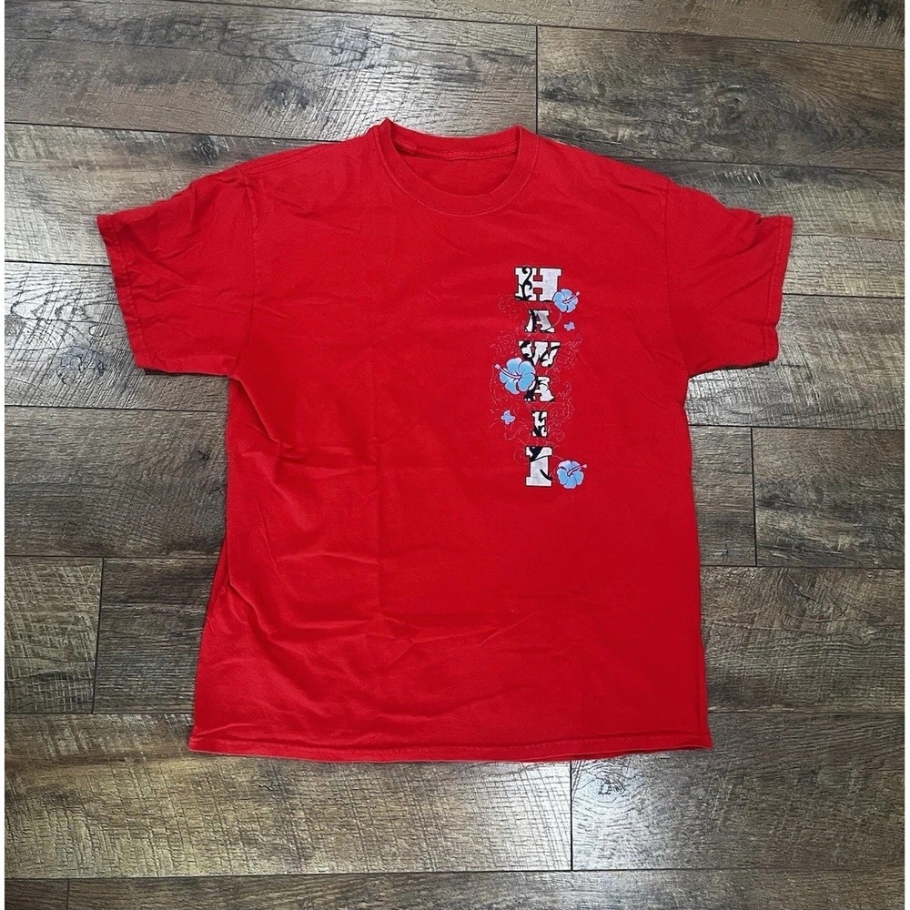 Vintage Y2k Hawaii‎ Tribal Floral Metallic Graphic T-Shirt Red Large